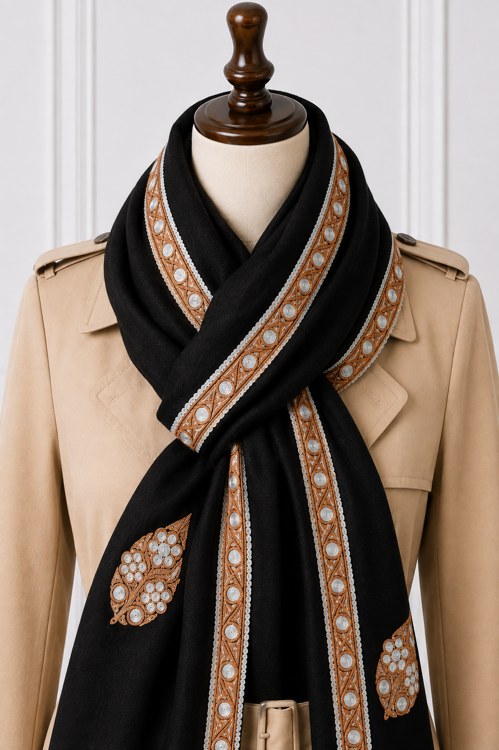 Black Kashmiri Tilla Work Shawl - Copper Gold & Silver Embroidery