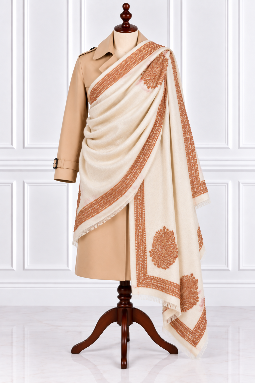 White Kashmiri Shawl with Copper Tilla Work