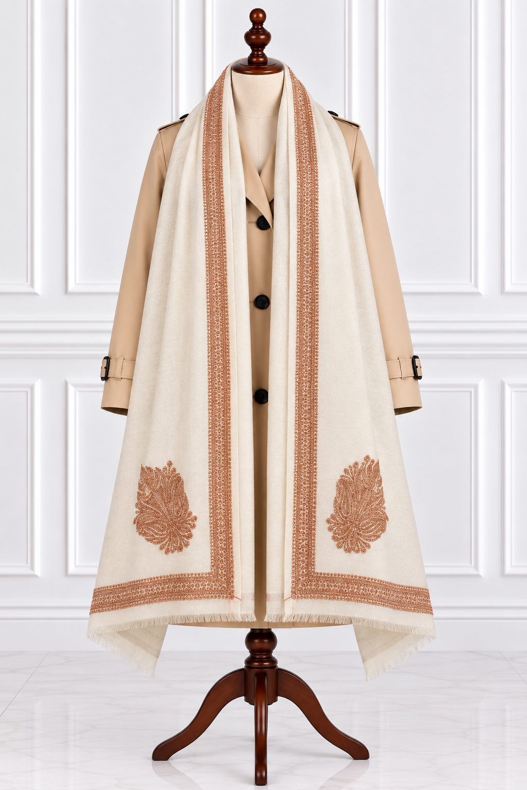 White Kashmiri Shawl with Copper Tilla Work