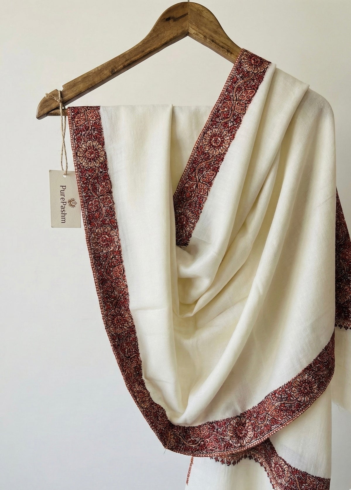 White Semi Pashmina Shawl with Hand Sozni Embroidery
