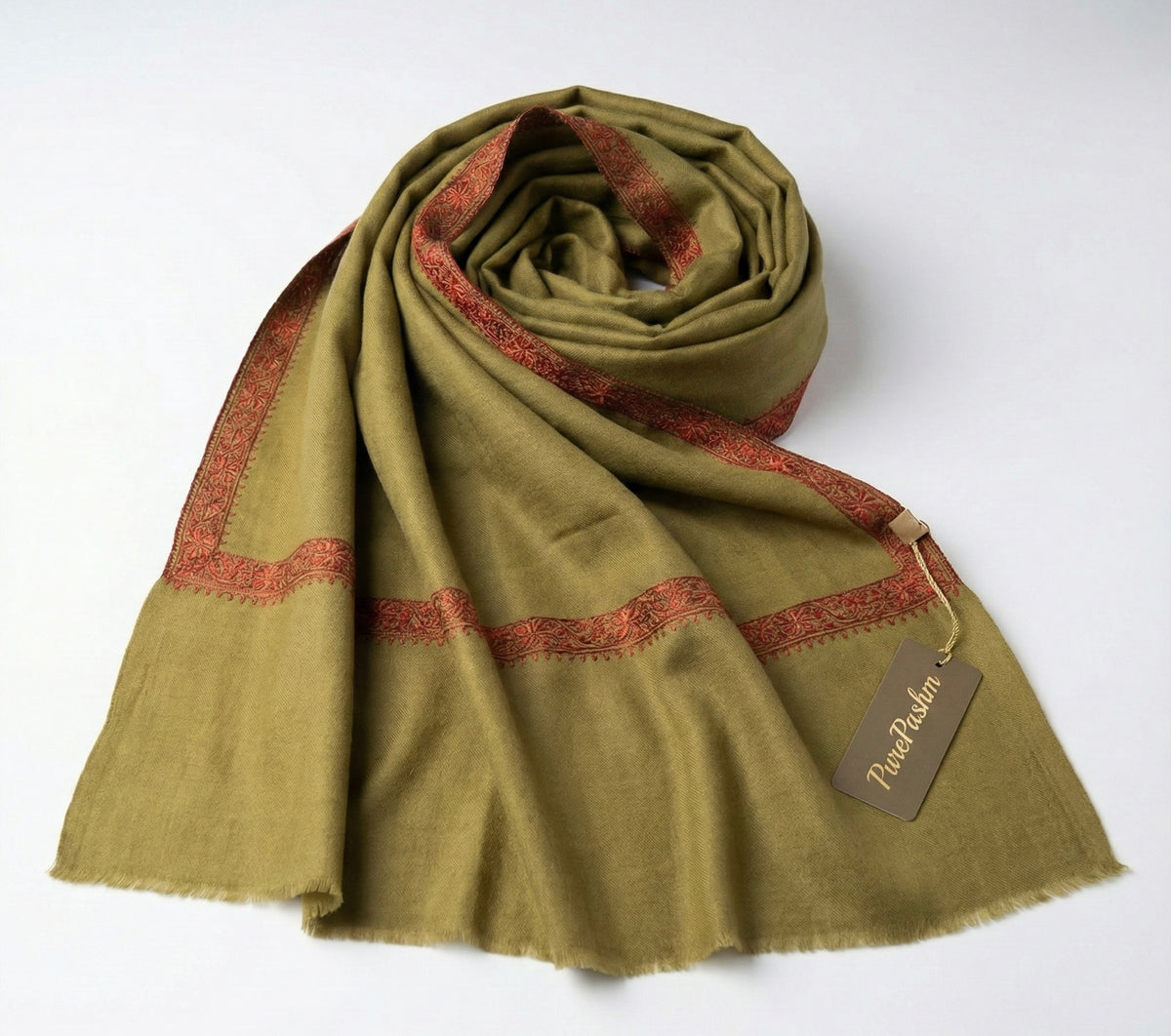 Mehndi Green Hashi Dhar Semi-Pashmina Shawl with Hand Sozni Embroidered Border. Size: 82 × 42 inches.