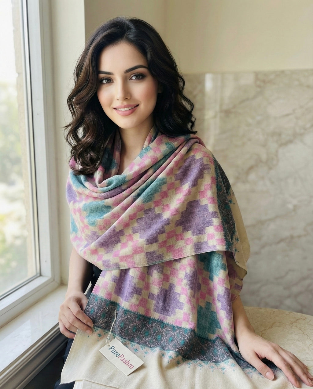 Check Pashmina Stole & Muffler – Hand Sozni Embroidery