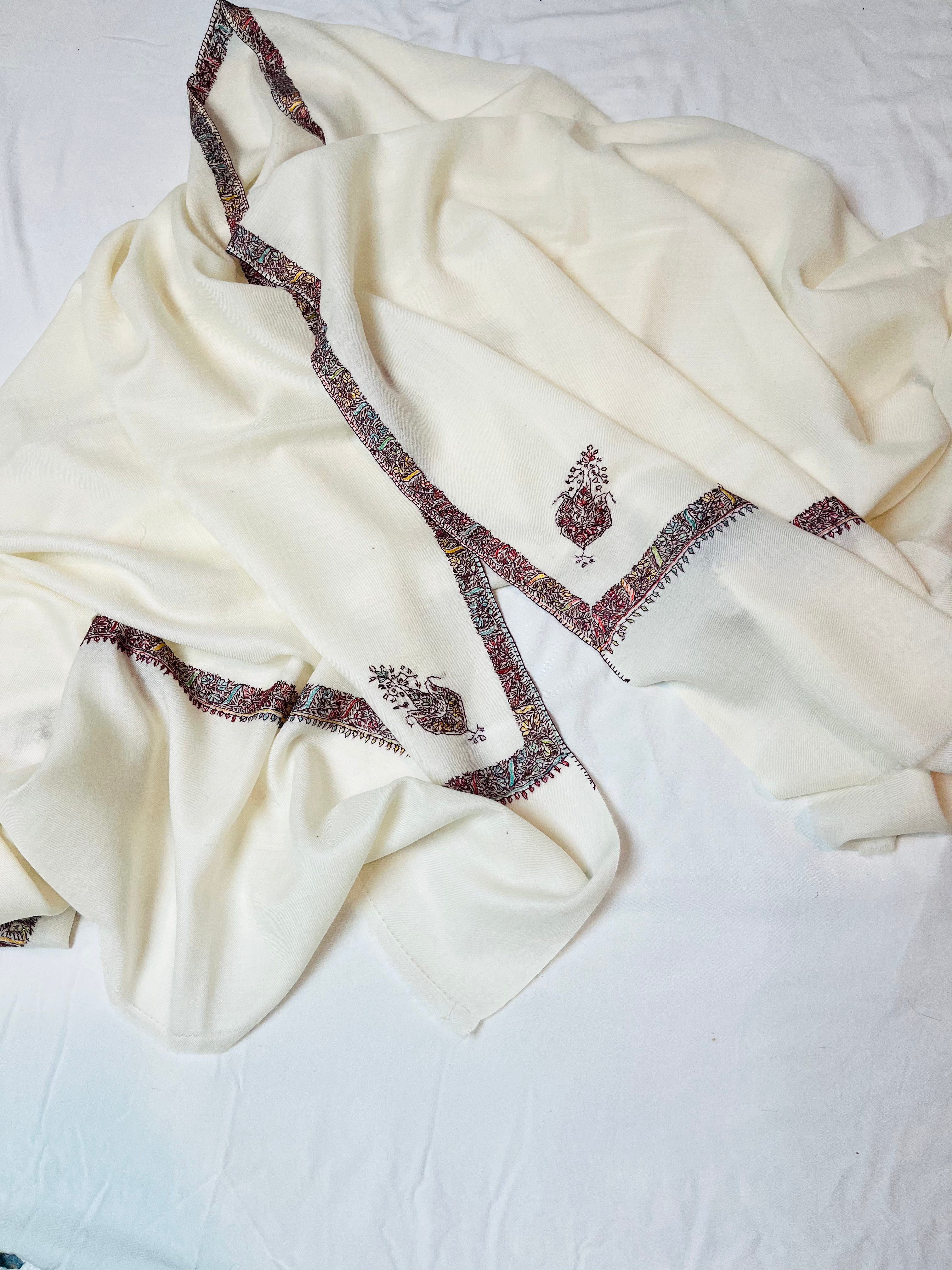 White Hashi Dhar Semi-Pashmina Shawl with Hand Sozni Embroidery