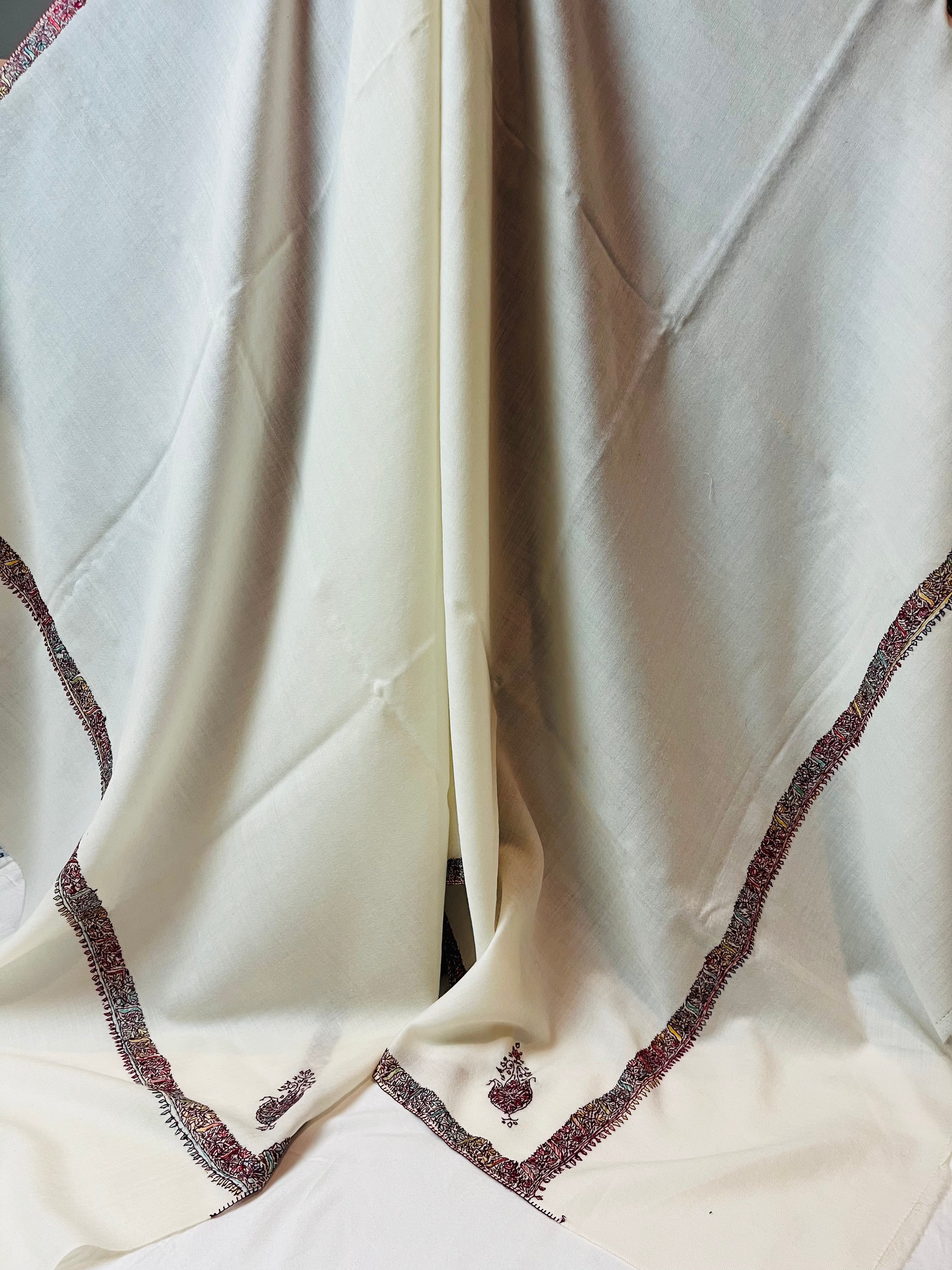 White Hashi Dhar Semi-Pashmina Shawl with Hand Sozni Embroidery